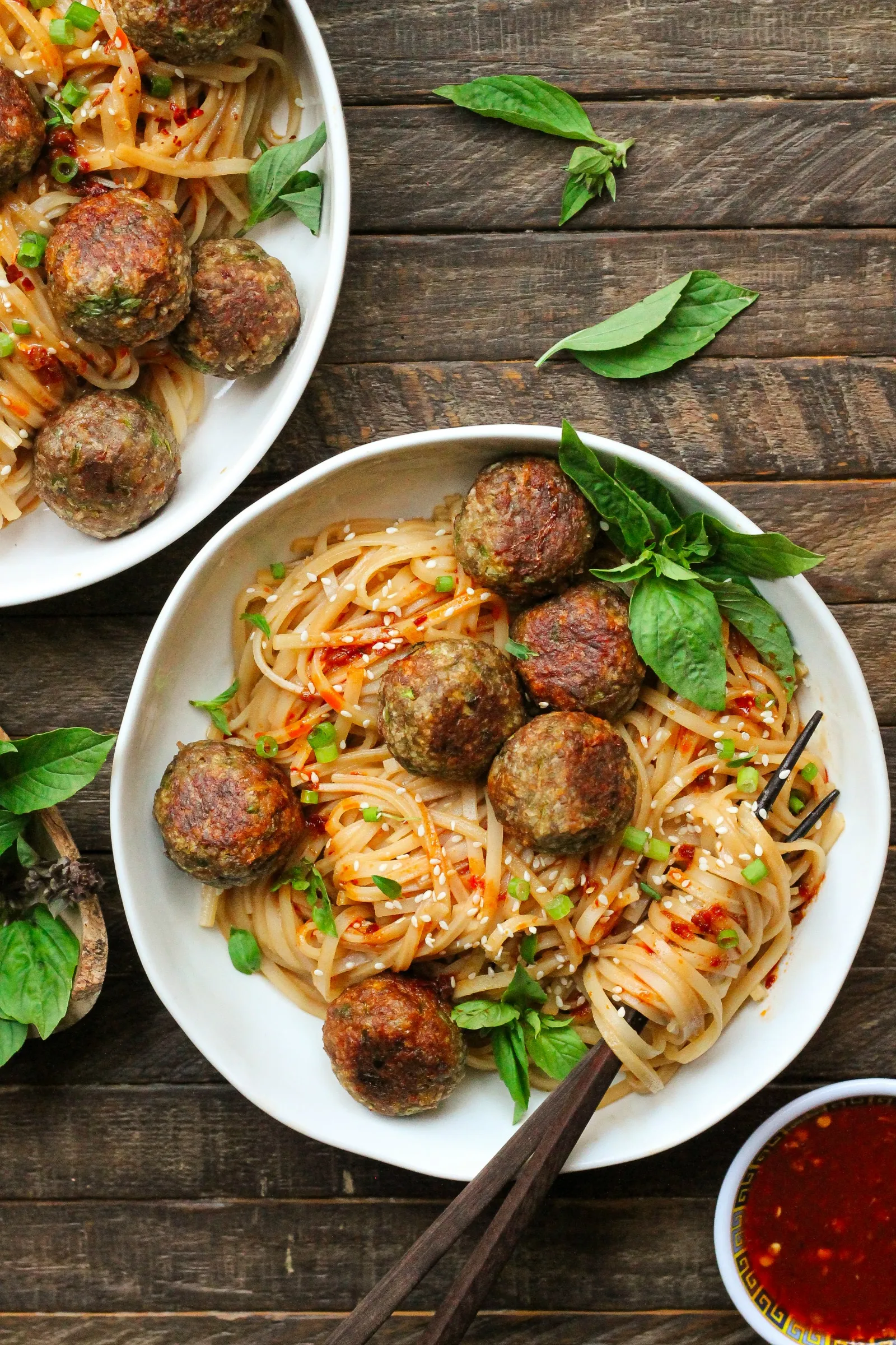 Spicy Peanut Noodles with Sesame Meatballs