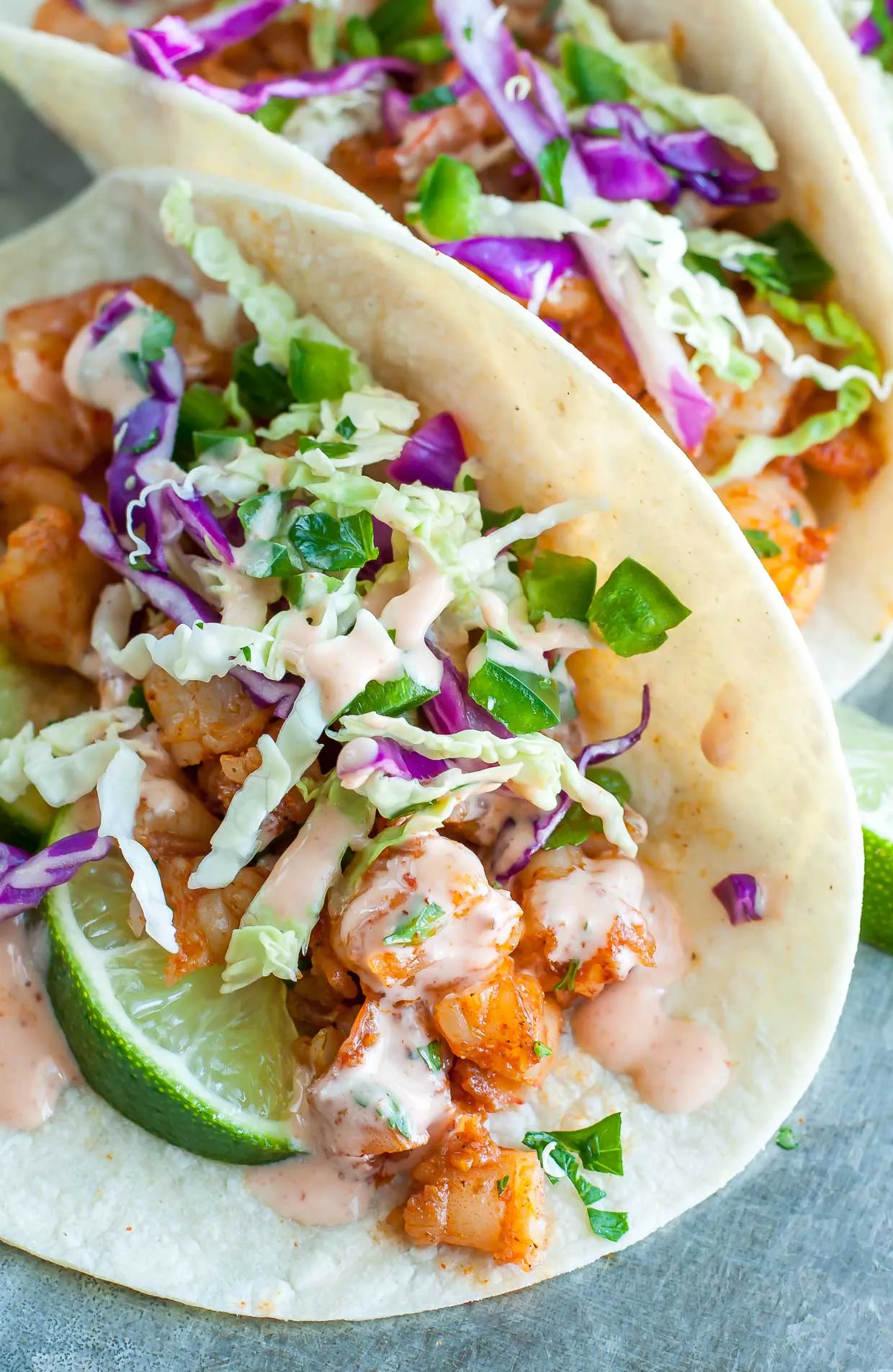Spicy Shrimp Tacos with Cilantro Slaw and Sriracha Sauce