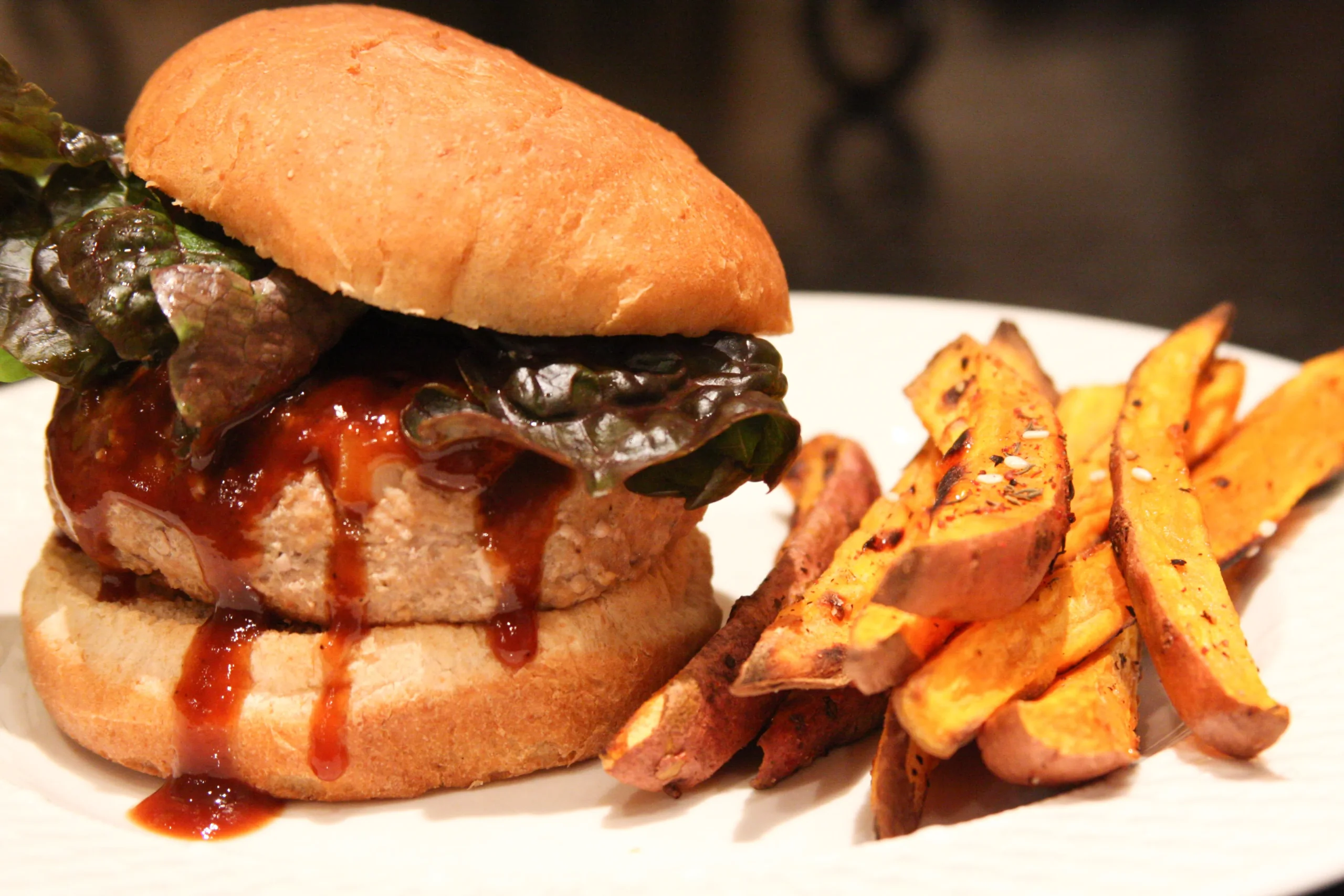Spicy Turkey Burgers with Caramelized Onions and Sweet Potato Fries with Spicy Mayo Dipping Sauce