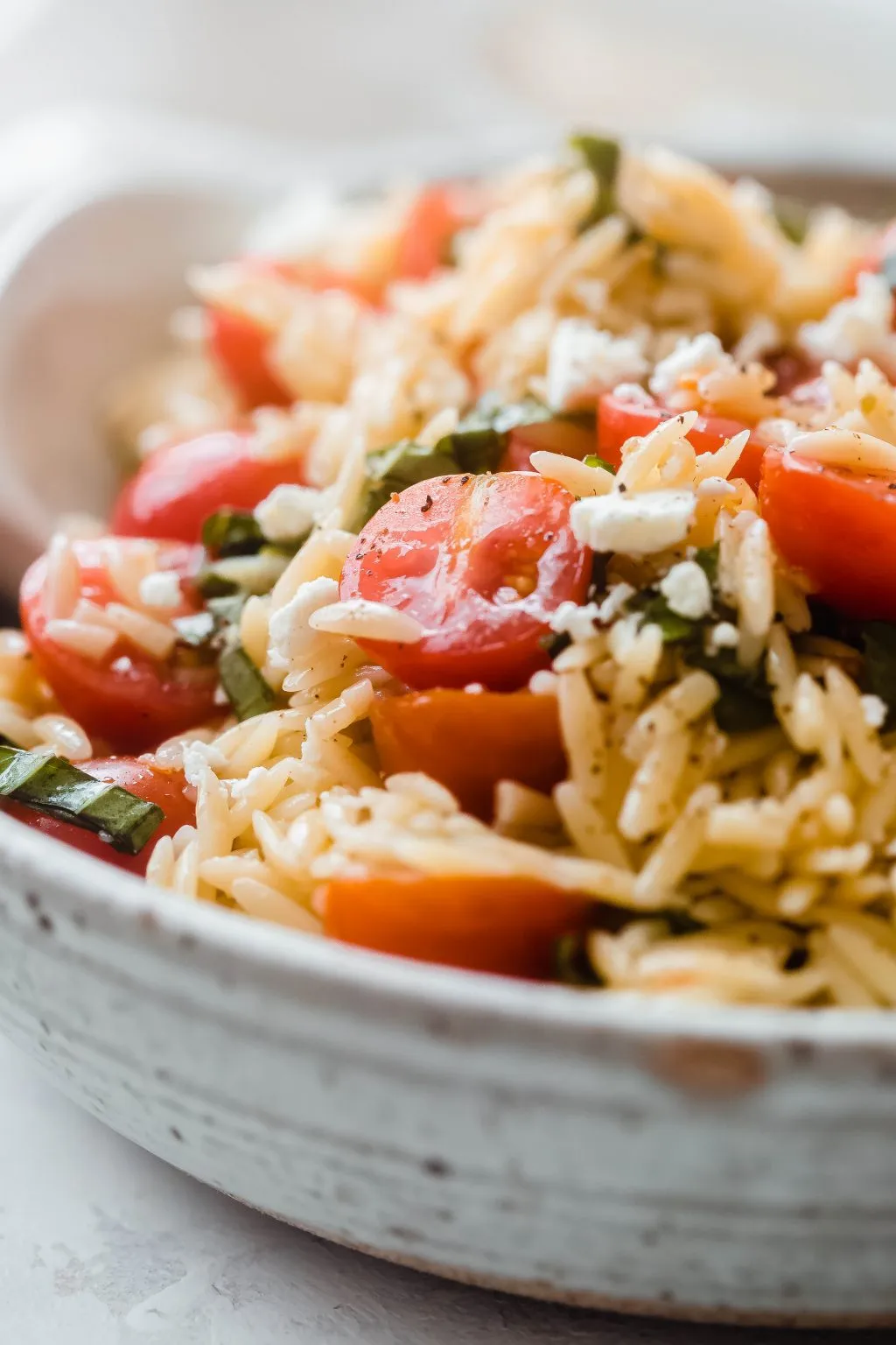 Spinach Orzo Salad with Feta, Tomatoes, and Basil Dressing
