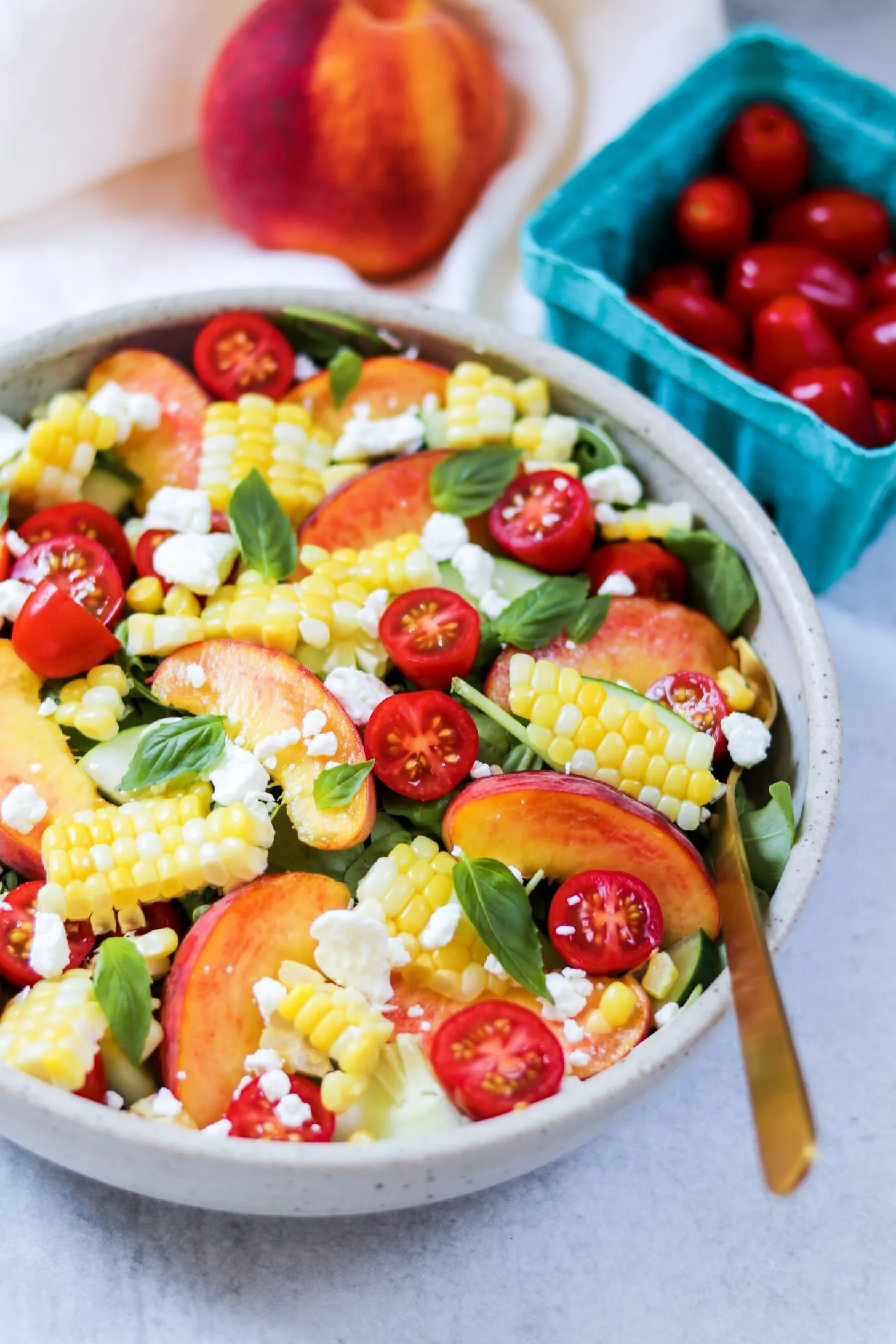 Summer Peach Corn Kale Salad with Cumin Lime Vinaigrette