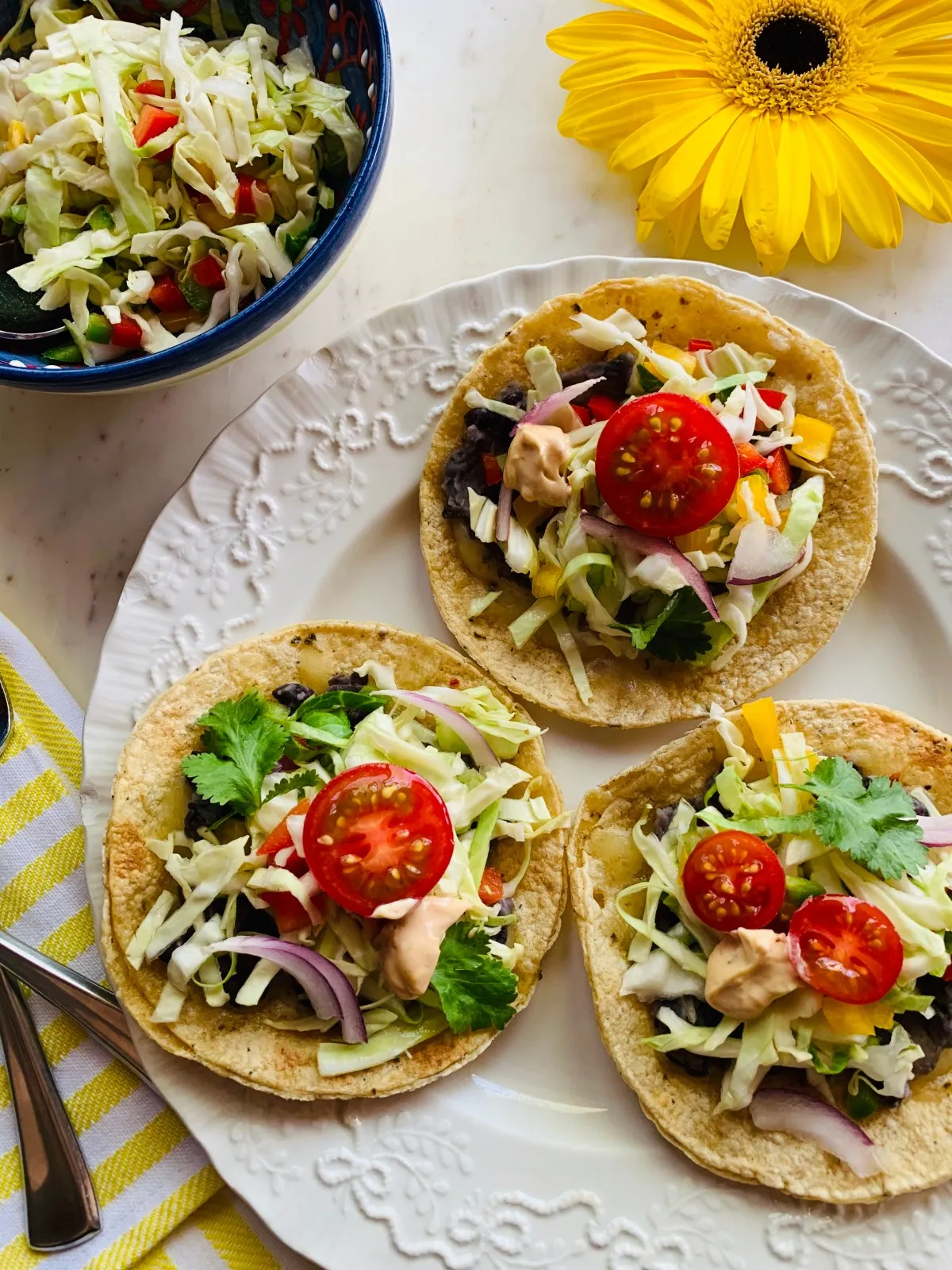 Superfast Bean Tostadas with Cabbage Slaw