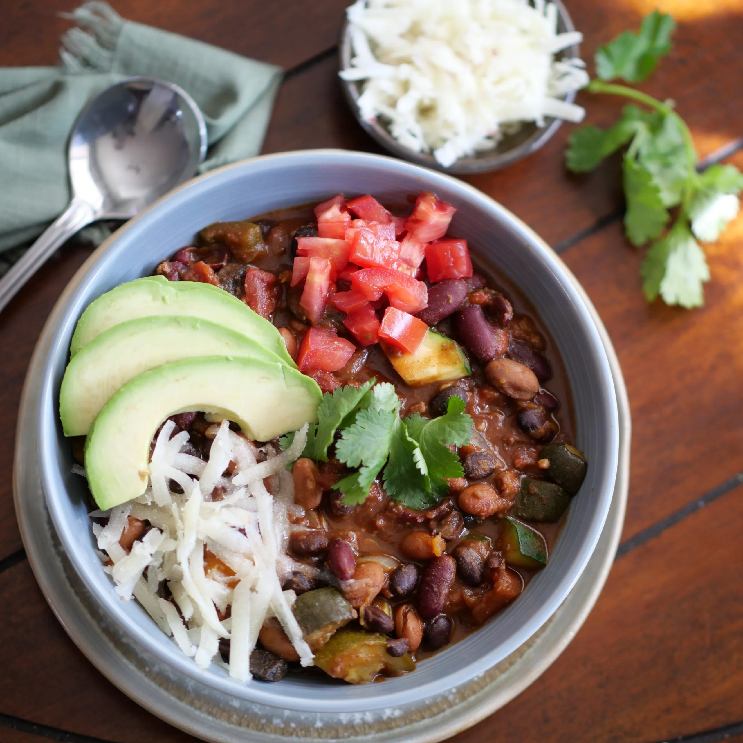 Three Bean Turkey Chili with Honey Jalapeno Grits