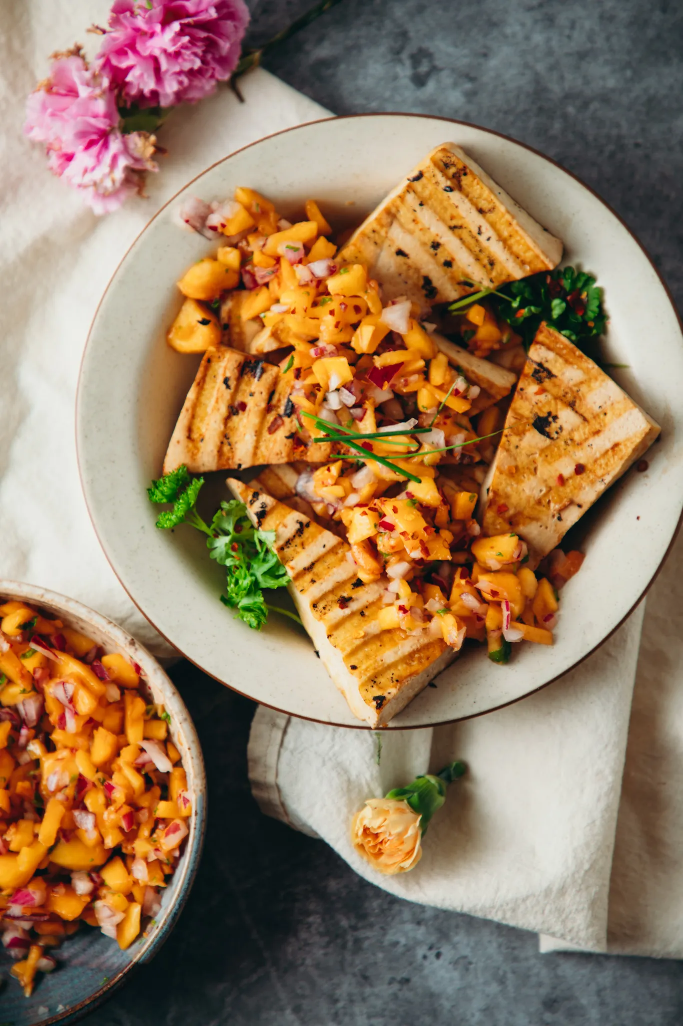 Tofu with Peaches in Cream and Brandy Sauce