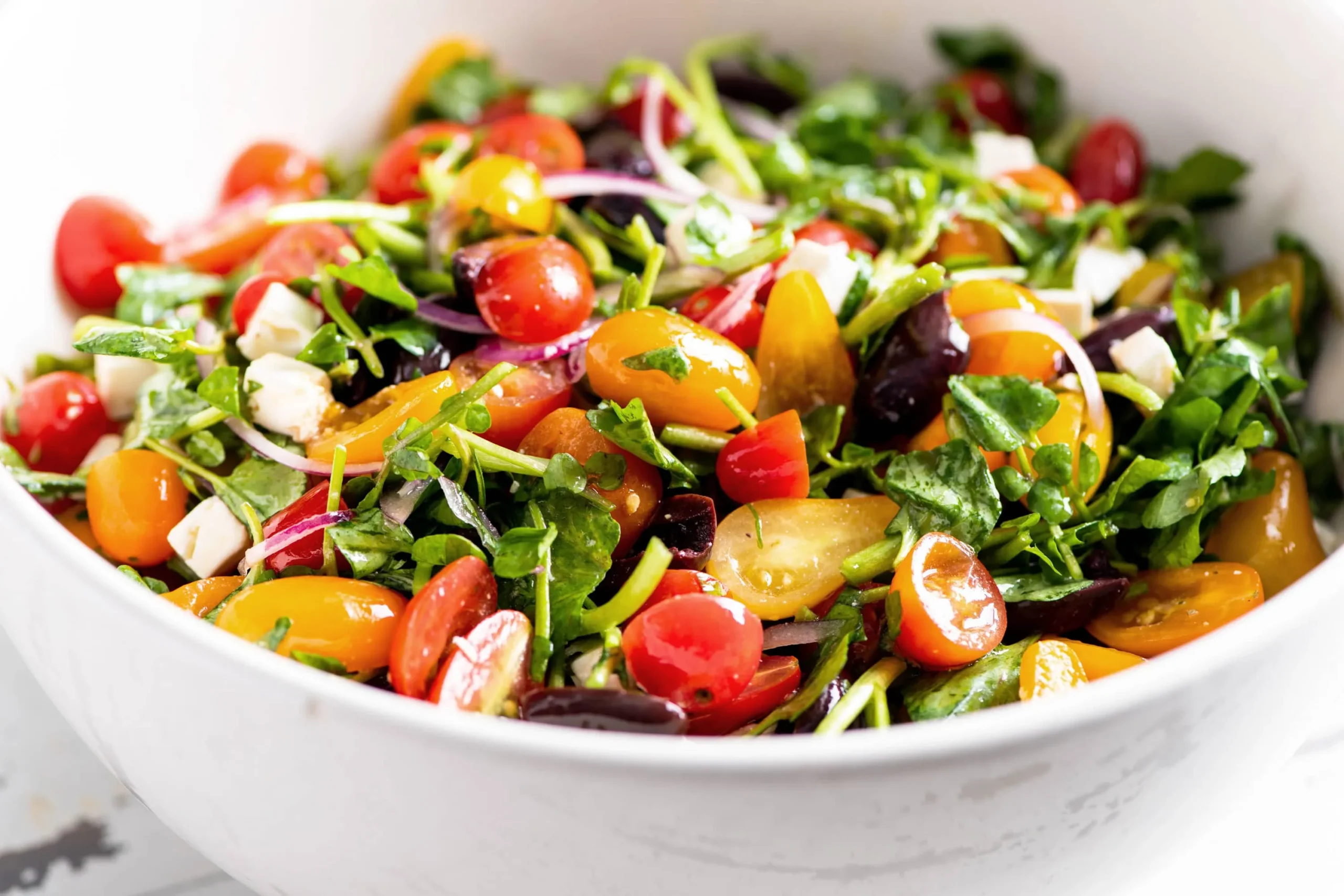 Tomato, Red Onion, Watercress, Feta, and Olive Salad