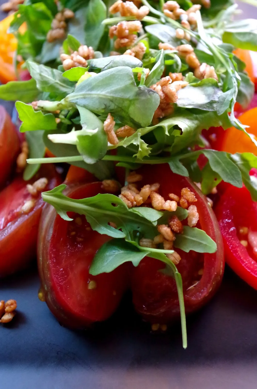 Tomato Salad with Crisped Farro, Cucumber, and Arugula with Italian Vinaigrette