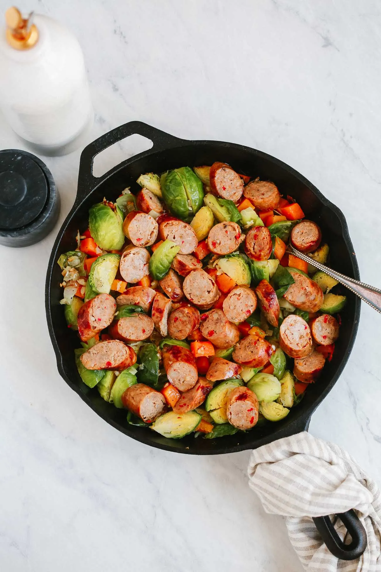 Turkey Sausage Sweet Potato and Brussels Sprouts Skillet