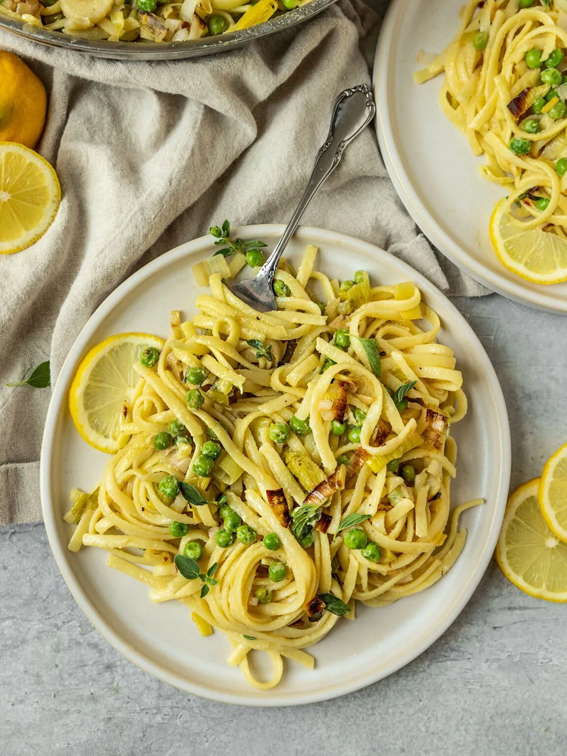 Vegan Lemon Butter Pasta with Peas Charred Leeks