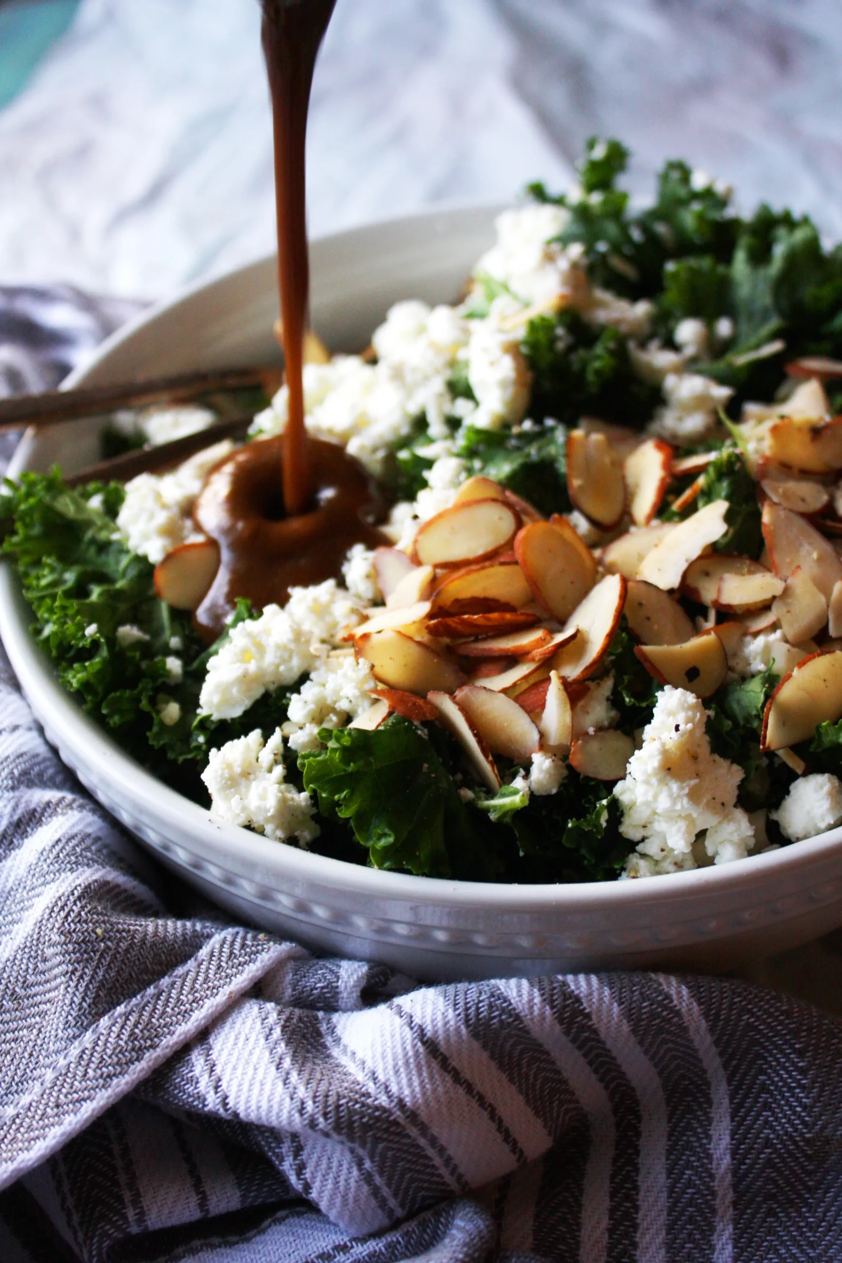 Warm Crispy Kale Salad with Mushroom Bacon and Goat's Cheese