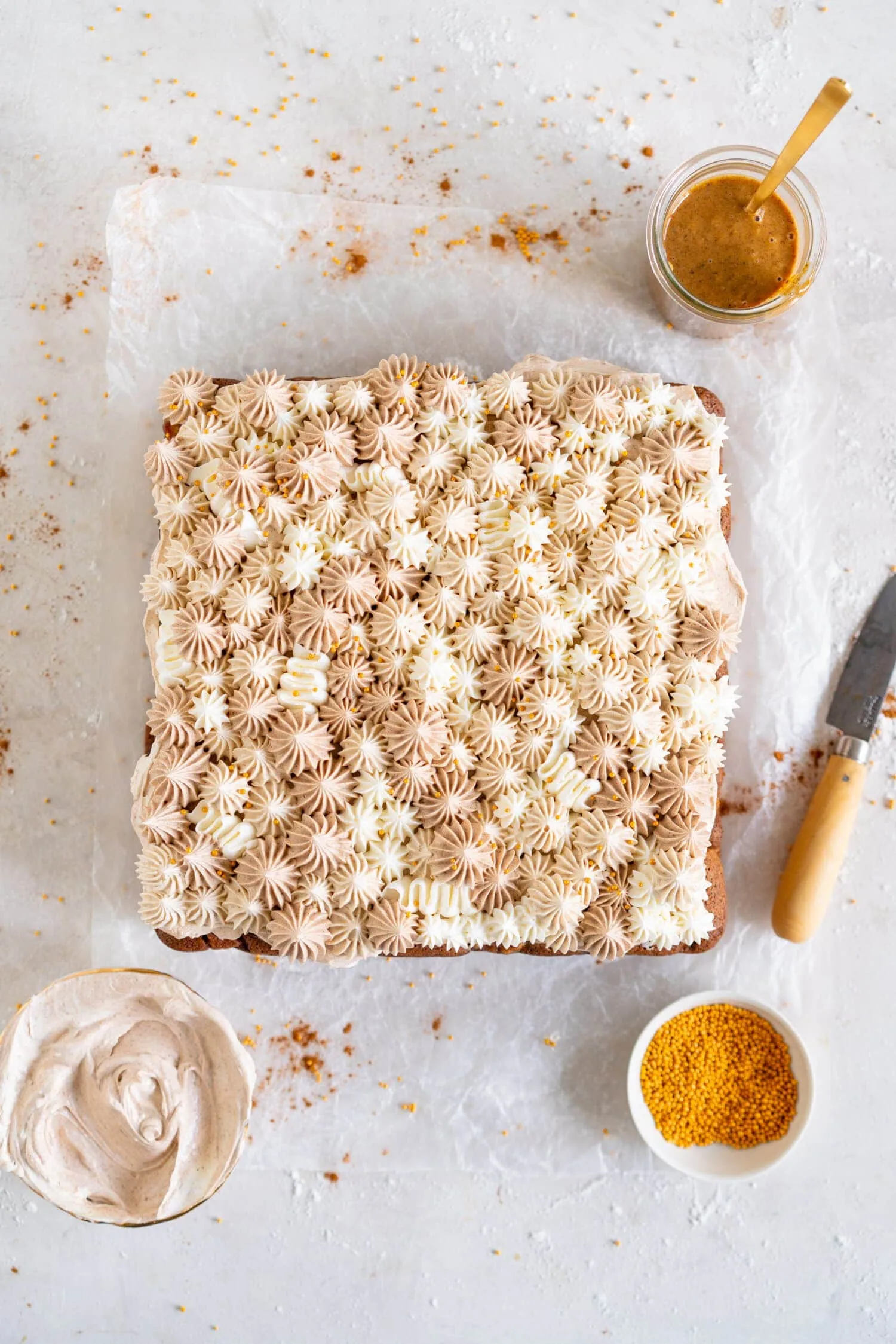 apple snack cake with ombre walnut praline swiss merinuge buttercream