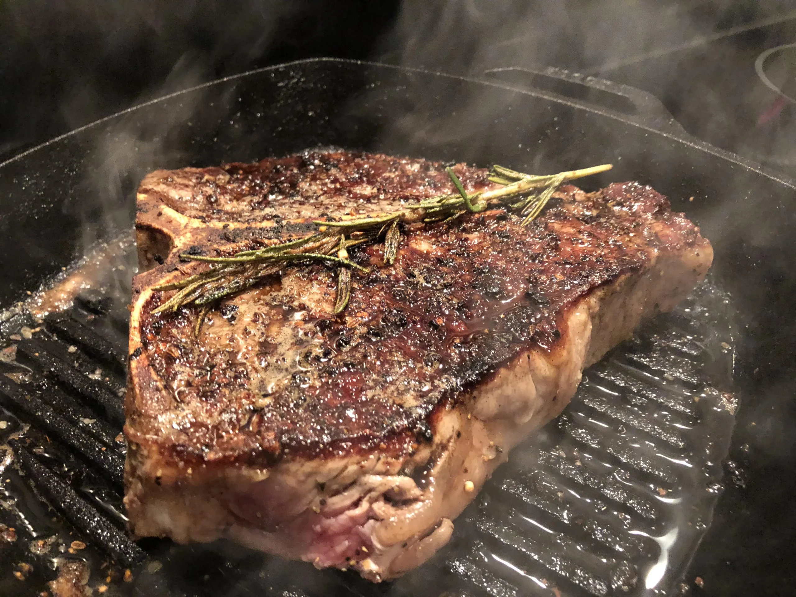black pepper rosemary crusted tbone steaks with roquefort fig butter