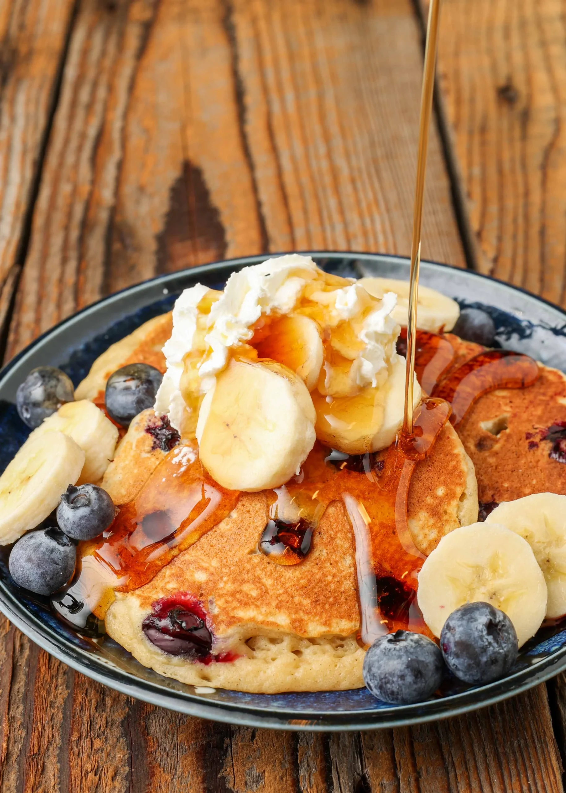 blueberry banana pancakes with creamy peanut butter fluff