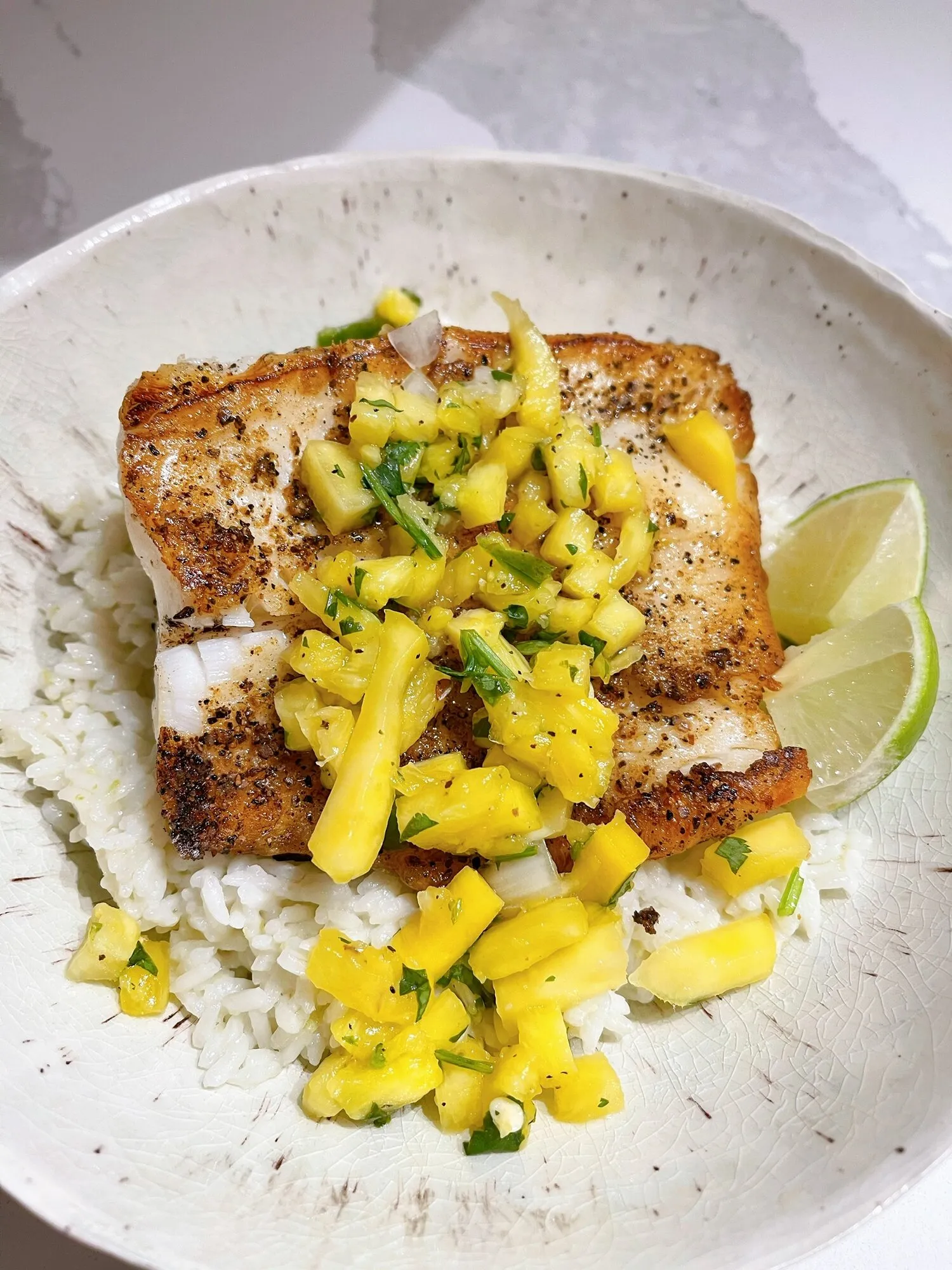 sea bass with pineapple chili basil glaze
