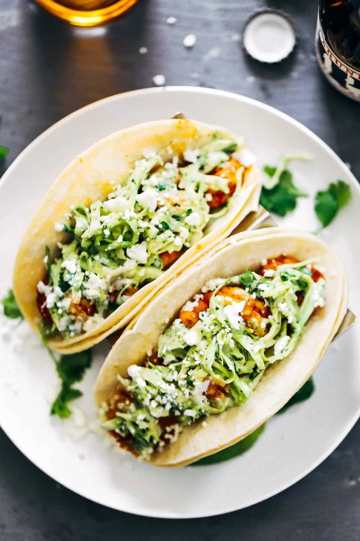 spicy shrimp tacos with garlic cilantro lime slaw